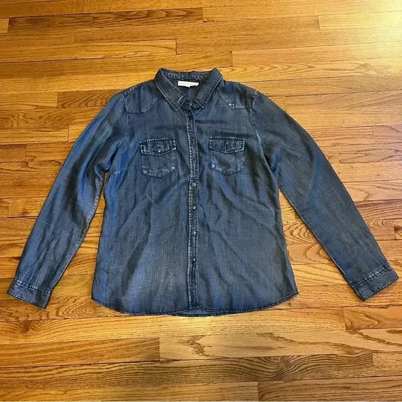 Love Stitch Dark Wash Blue Button Down Long Sleeve Denim Shirt | Size Large - Picture 2 of 12